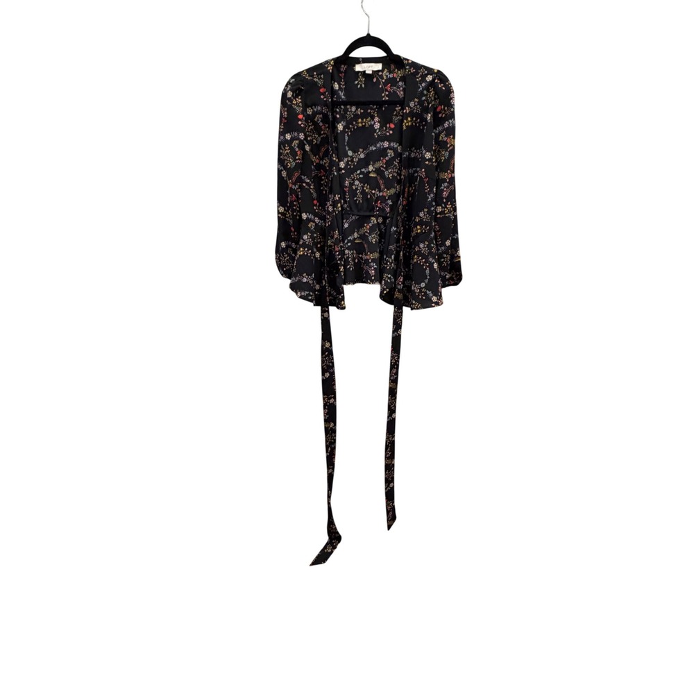 LOFT Womens Black Floral Wrap Top Long Sleeve Peplum Blouse Small